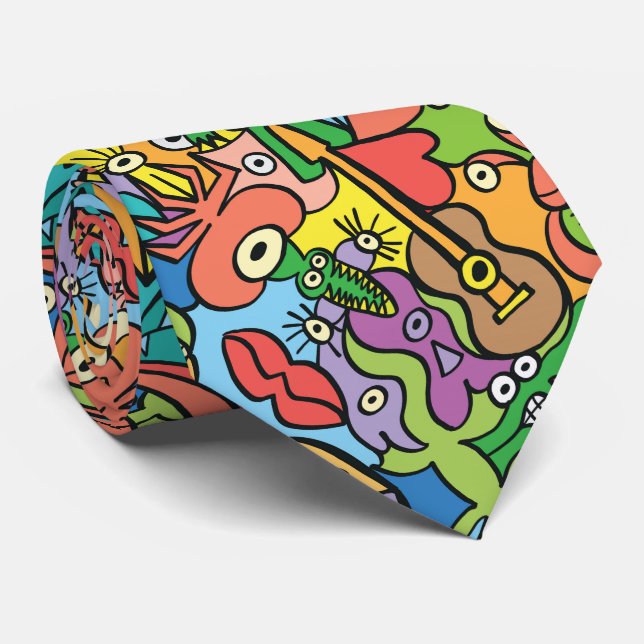 Cravate Mélange de doodles drôles dans un motif de carnava (Roulé)