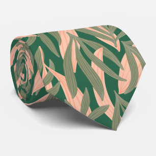 Cravate mignon peach vert feuille tropicale motif