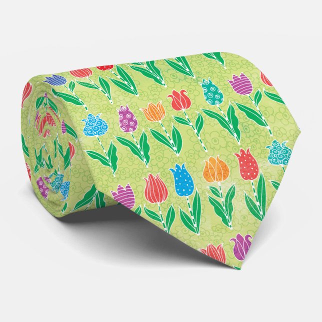 Cravate Mignonne Rouge Violet Bleu Jaune Tulipes Motif Flo (Roulé)