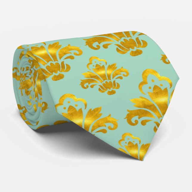 Cravate Modèle de Damas d'or Turquoise (Roulé)