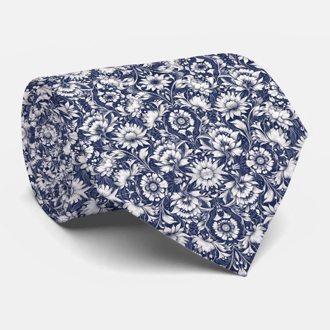 Cravate Modèle floral bleu et blanc de la marine (Roulé)