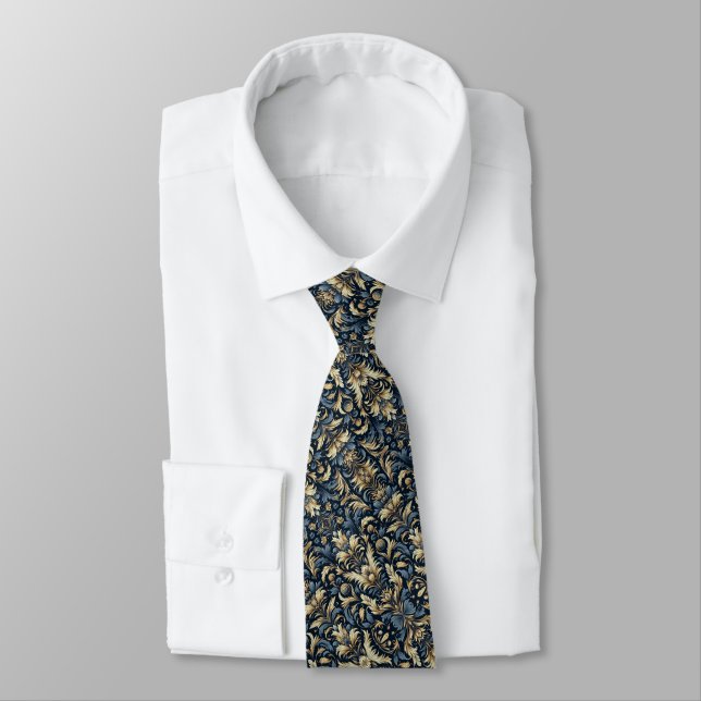 Cravate Modèle floral bleu, or et noir (Attaché)