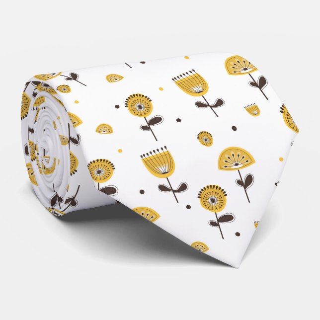 Cravate Modèle Floral Jaune Moderne Du Milieu Du Siècle (Roulé)