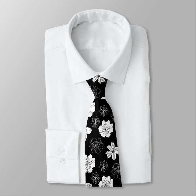 Cravate Modèle floral noir et blanc (Attaché)