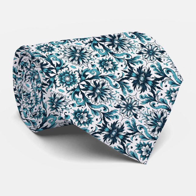 Cravate Modèle Floral turquoise & blanc (Roulé)