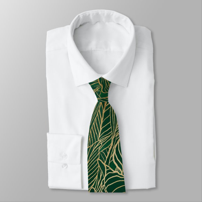 Cravate Moderne Green Gold Foliage Plante Design botanique (Attaché)