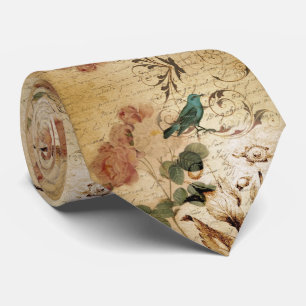 Cravate Moderne Vintage français Scripts oiseau botanique