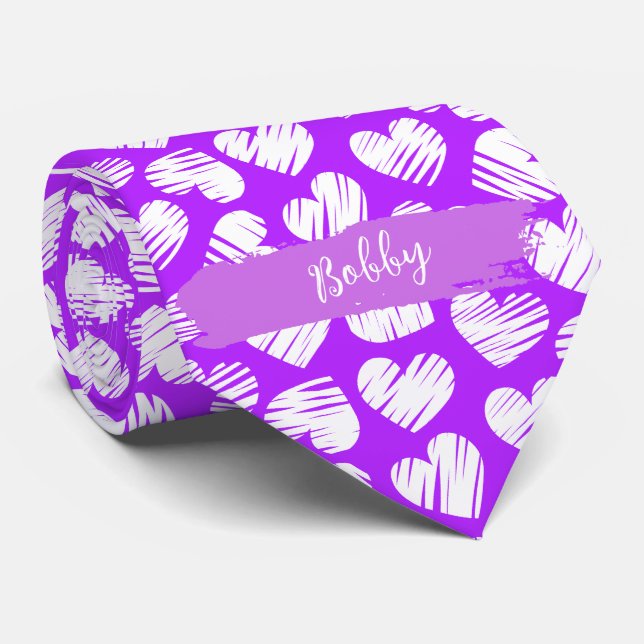 Cravate Moderne violet blanc Doodé Coeur Valentine Nom (Roulé)