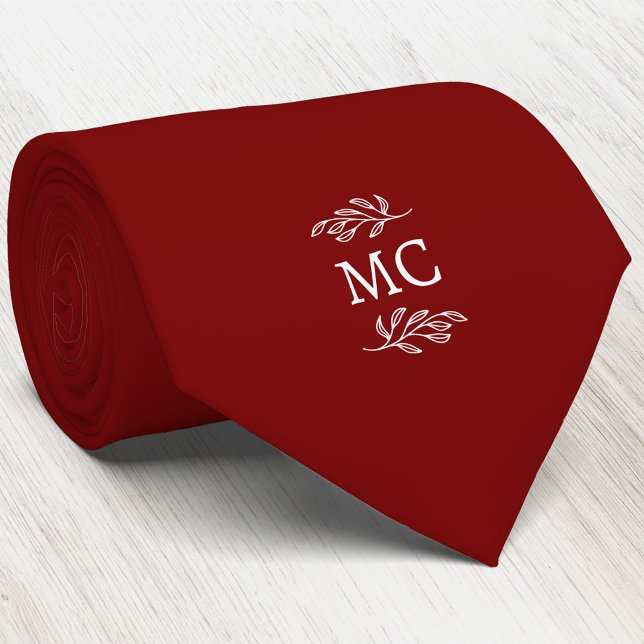 Cravate Monogram Initial Crest Botanical Leaf Burgundy Red (Simple botanical leaf monogram initials personalized crest neck tie)