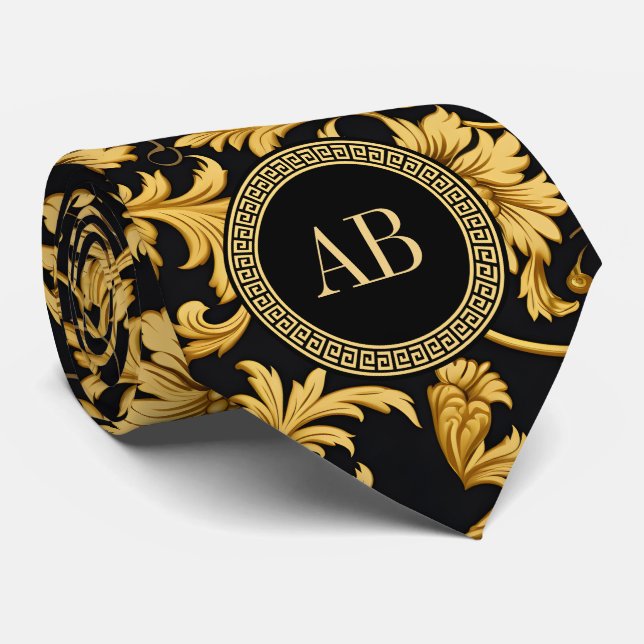 Cravate Monogramme Black Gold Classy Élégant Motif (Roulé)