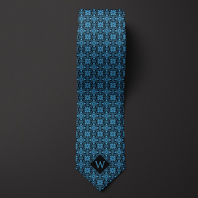 Cravate Monogramme bleu clair et noir arabesque (Créateur téléchargé)