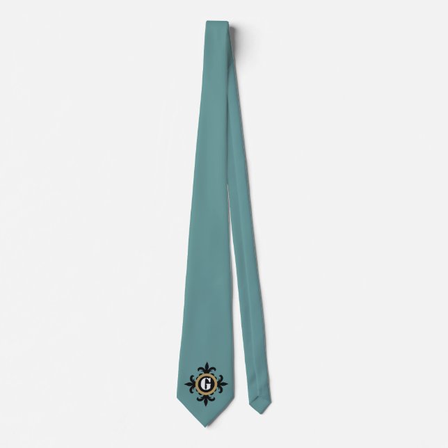 Cravate Monogramme classique noir Fleur De Lis bleu (Devant)