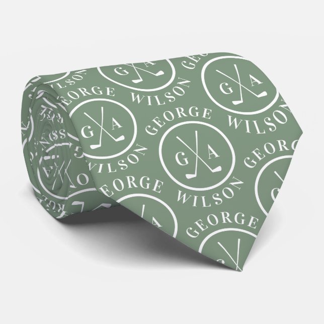 Cravate Monogramme de golf personnalisé Nom Sage green Gol (Roulé)