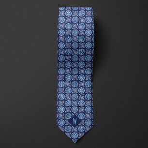 Cravate Monogramme de mandala bleu cobalt