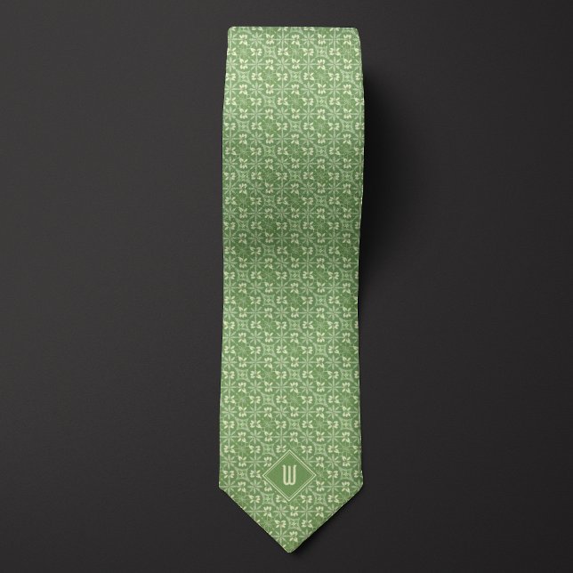 Cravate Monogramme de mousse vert et crème florale (Créateur téléchargé)