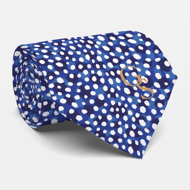 Cravate monogramme d'impression chic bleu et blanc de guép (Roulé)