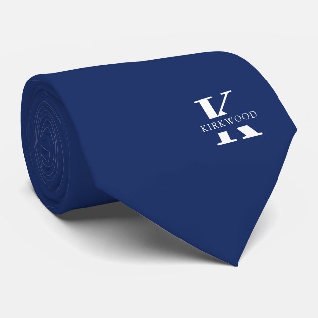 Cravate Monogramme élégant + Nom | bleu marine | Deux côté (Roulé)