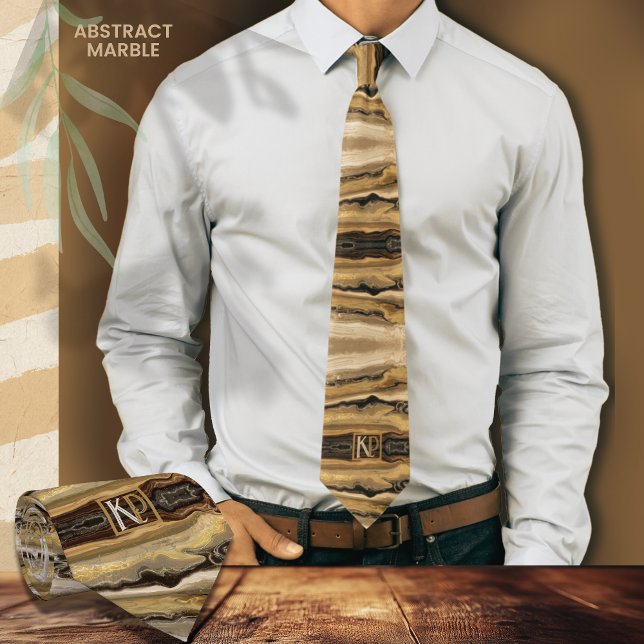 Cravate Monogramme en marbre beige doré Brown moderne (Modern Abstract Brown Gold Beige Marble Monogram Neck Tie , white shirt)