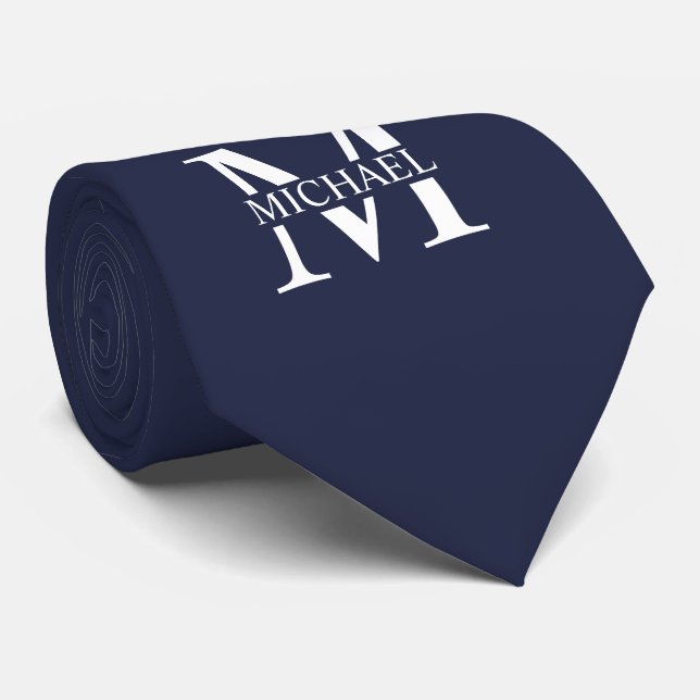 Cravate Monogramme et nom personnalisés bleu marine (Roulé)