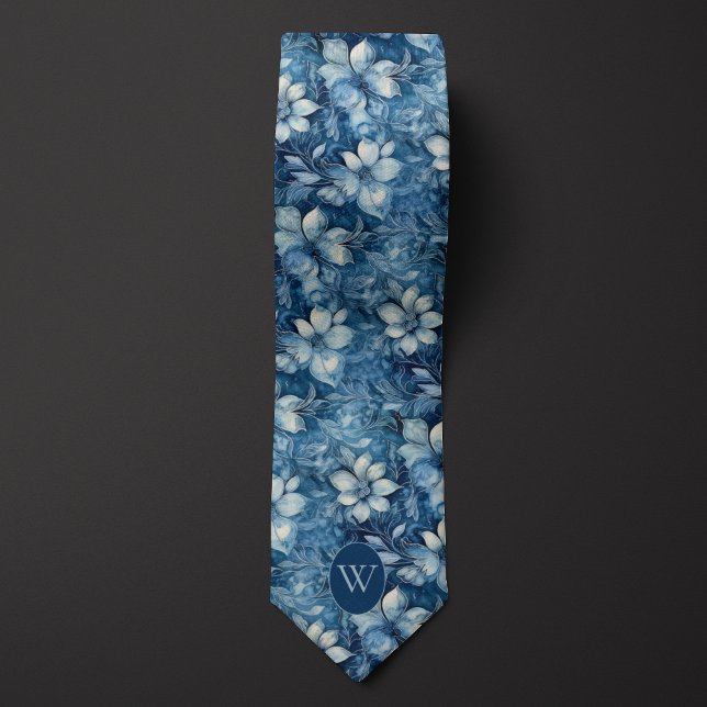 Cravate Monogramme floral bleu ardoise (Créateur téléchargé)