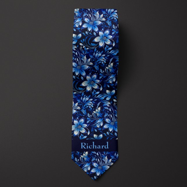 Cravate Monogramme Floral Bleu Cobalt (Créateur téléchargé)