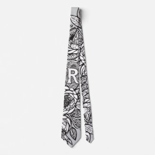 Cravate Monogramme floral "R" Fleurs de tatouage noir et b