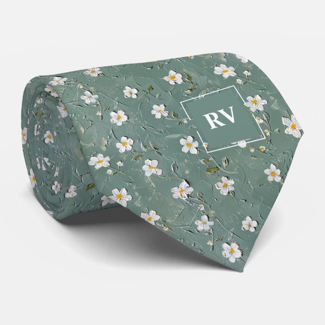 Cravate Monogramme floral vert poussiéreux (Roulé)