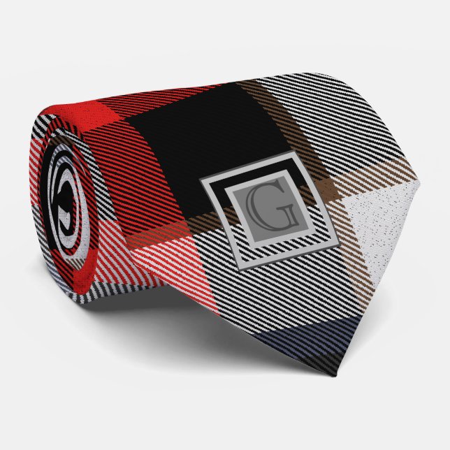 Cravate Monogramme Groomsmans Best Man Red Grey Tartan Bla (Roulé)