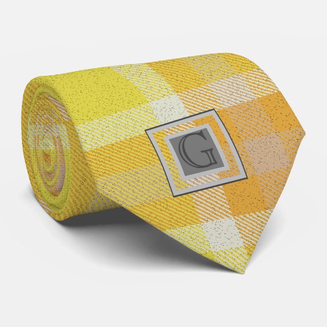 Cravate Monogramme Groomsmen Best Man Yellow Orange Tartan (Roulé)