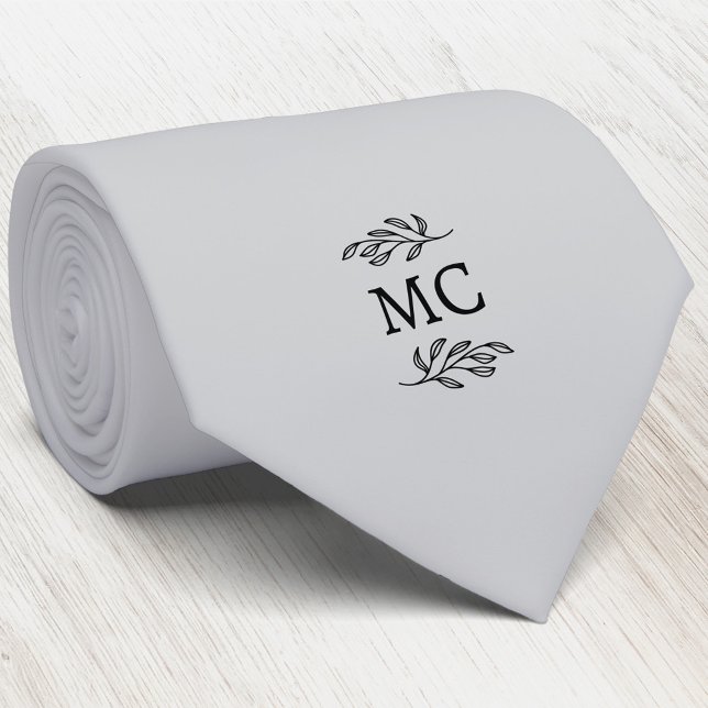 Cravate Monogramme Initial Blason Feuille Botanique Gris A (Simple botanical leaf monogram initials personalized crest neck tie)