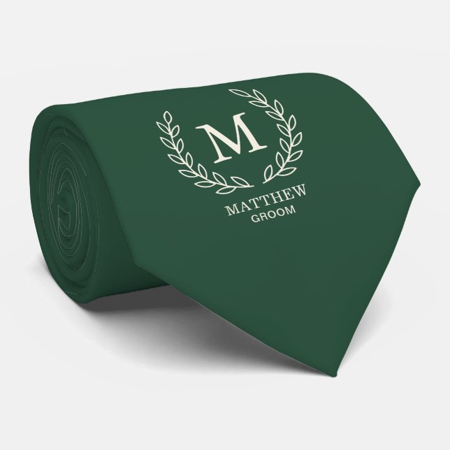 Cravate Monogramme Initial Élégant Laurier Vert Forêt du M (Roulé)