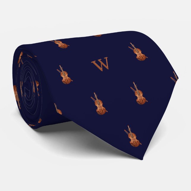 Cravate Monogramme initiale violon aquarelle bleu de minui (Roulé)
