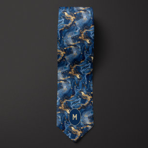 Cravate Monogramme marbré bleu et or