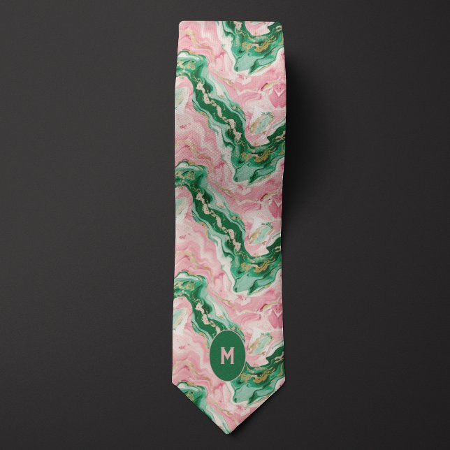 Cravate Monogramme marbré rose et vert (Créateur téléchargé)