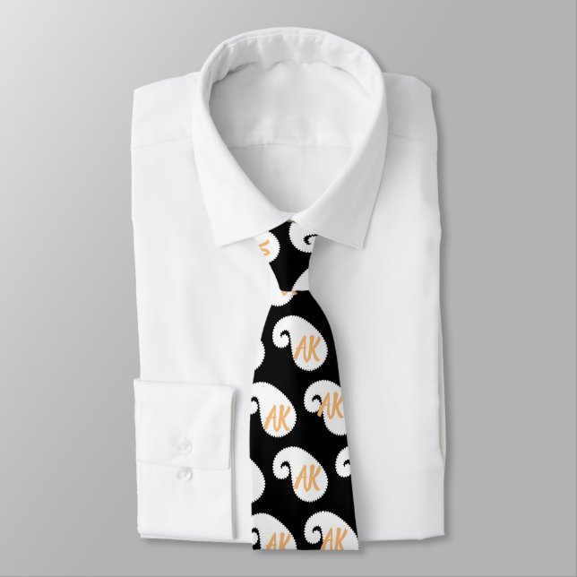 Cravate Monogramme noir blanc et orange paisson (Attaché)