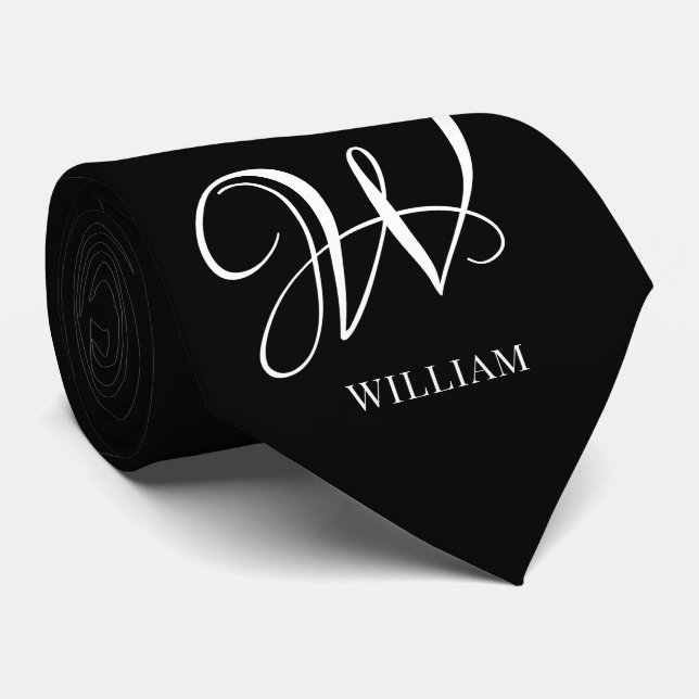 Cravate Monogramme noir élégant personnalisé initial (Roulé)