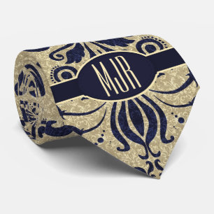 Cravate Monogramme profond Indigo Blue Swils et Taupe Dama
