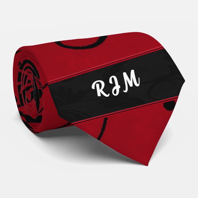 Cravate Monogramme rouge et noir floral torse Damask (Roulé)