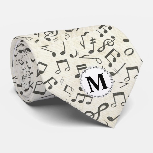 Cravate monogramme vintage de note de musique noire et bla (Roulé)