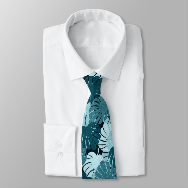 Cravate Monstera Tropical Hawaii Feuille Green (Attaché)