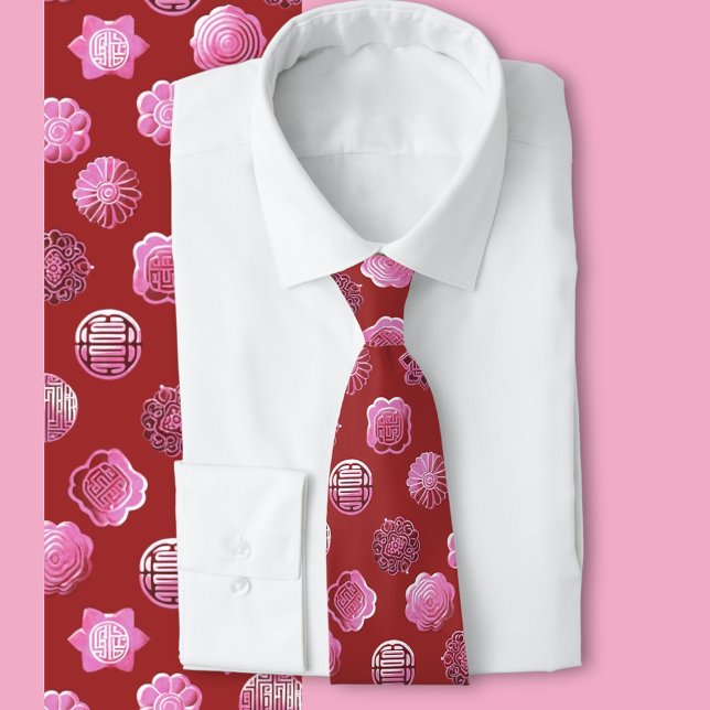 Cravate Mooncakes rose et rouge (Pink and red Mooncake pattern)