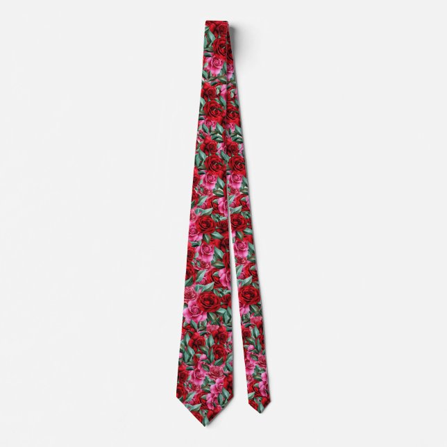 Cravate motif à fleurs florales de rose rouge (Devant)