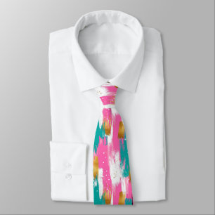 Cravate Motif Abstrait de Coup de Pinceau Rose Menthe Or