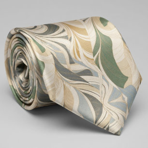 Cravate Motif Abstrait de Feuillage Vert Sauge Beige