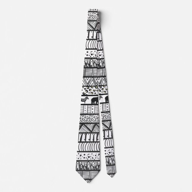 Cravate Motif africain tribal noir blanc (Devant)