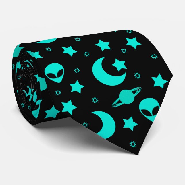 Cravate Motif Alien turquoise avec étoiles et lunes (Roulé)