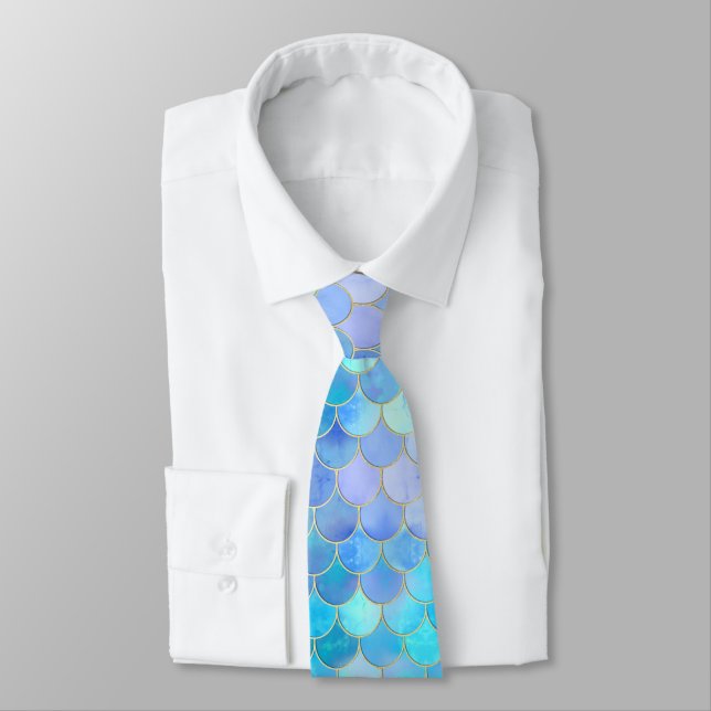Cravate Motif Aqua Pearlescent & Gold Mermaid (Attaché)