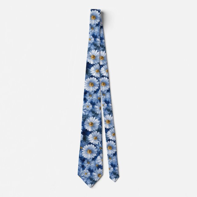 Cravate Motif aquarelle de marguerite bleue et blanche (Devant)