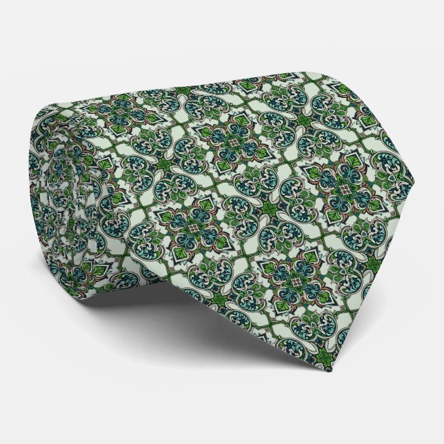 Cravate Motif Art déco de Greens, Turquoises et kaki (Roulé)