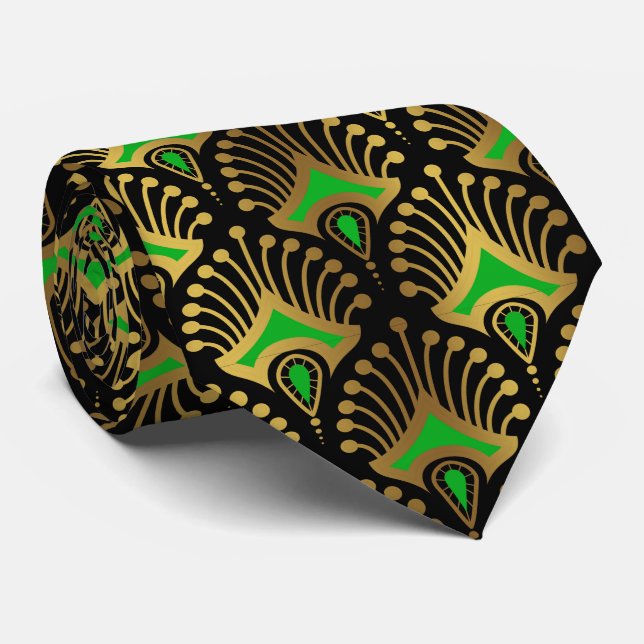 Cravate Motif Art déco or et vert sur noir (Roulé)